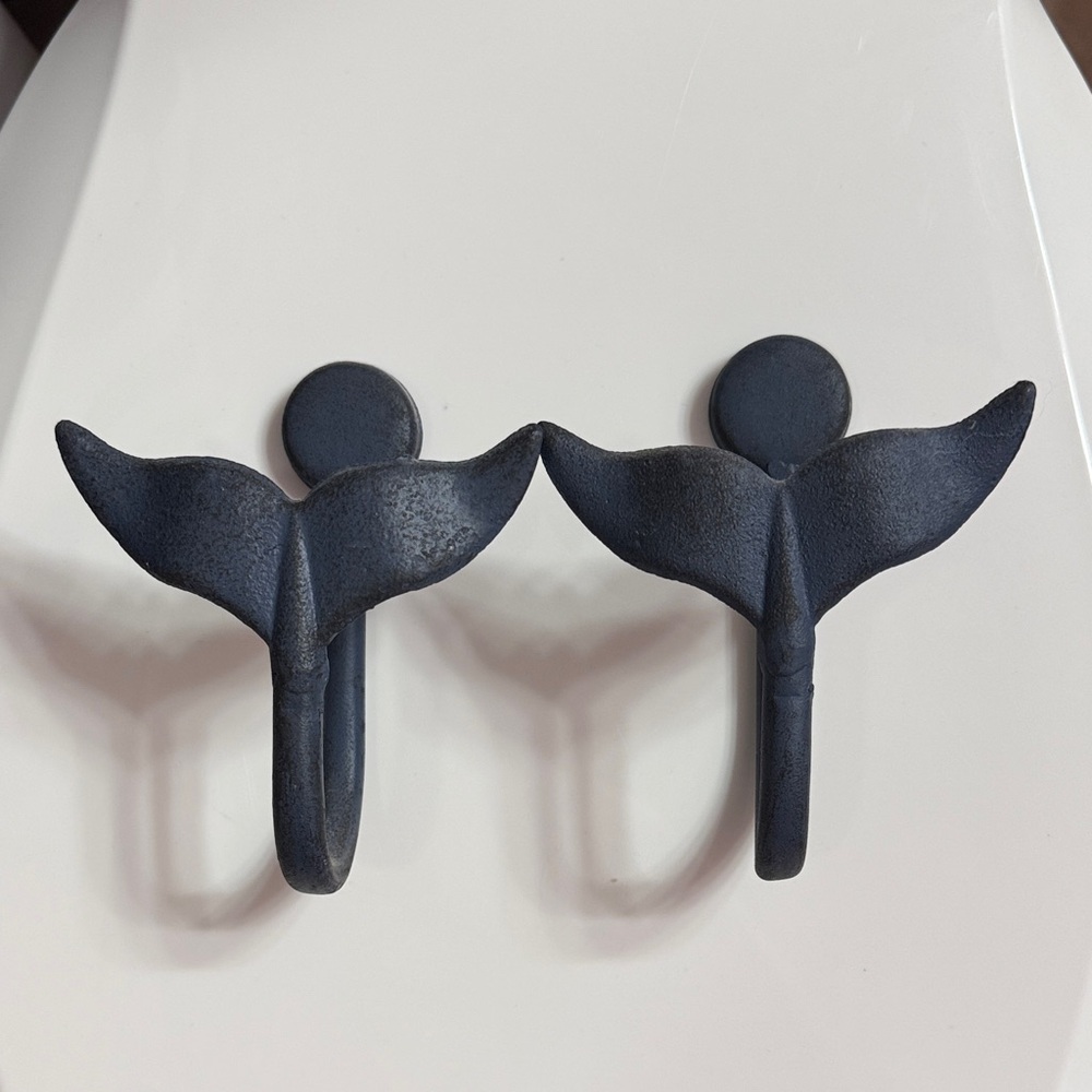 Pair of Whale Tail Wall Hooks - Matte Navy Blue Cast Iron